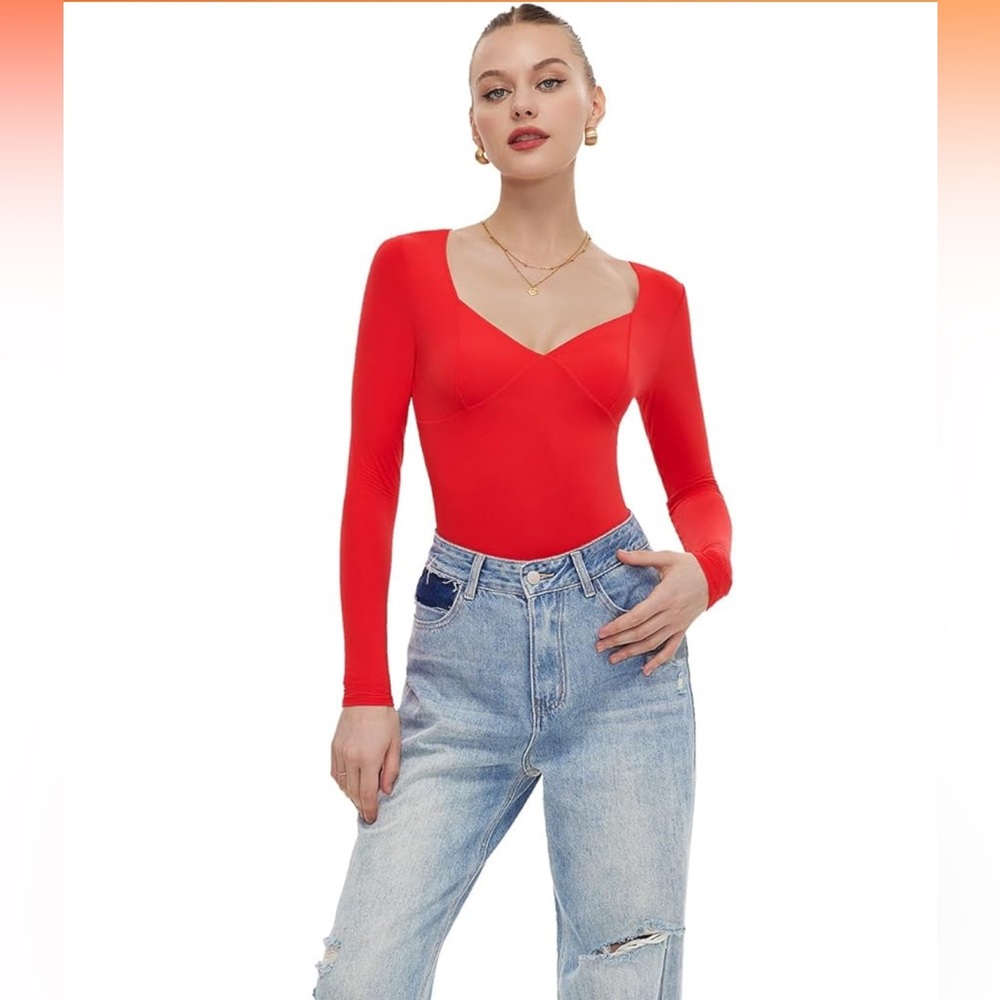 Amazon Freehut Women's Bodysuit Long Sleeve Double Lined Top Red S sweetheart